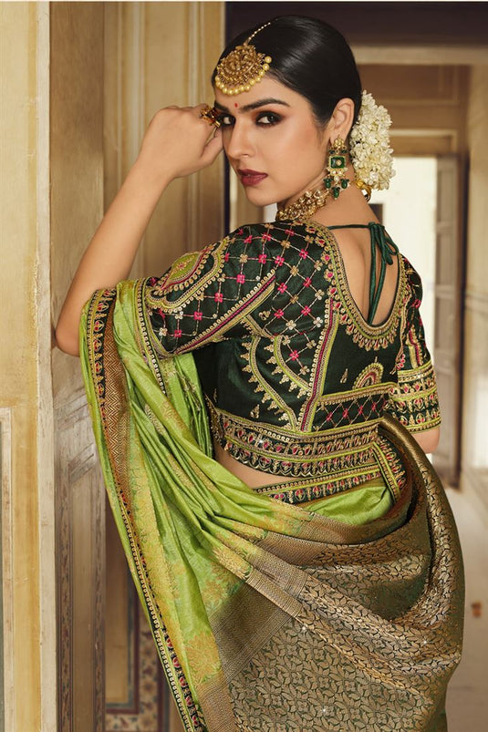 Captivating Lime Green Banarasi Silk Saree With Designer Blouse