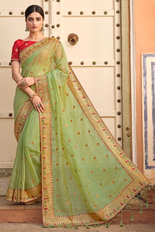 Sea Green Color Special Art Silk Saree With Embroidered Work