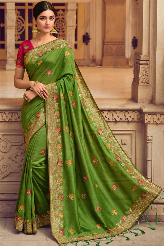 Green Color Pleasance Art Silk Saree With Embroidered Work