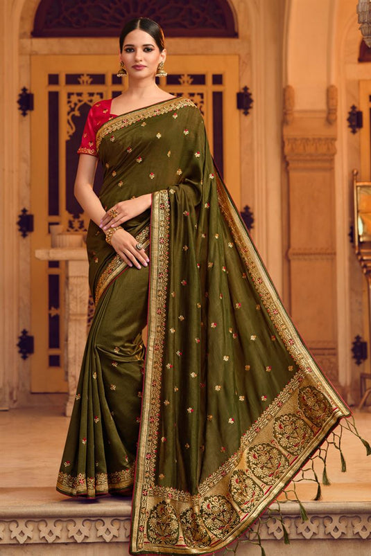 Embroidered Work On Bewitching Art Silk Saree In Mehendi Green Color