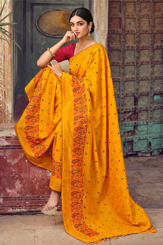 Yellow Color Coveted Art Silk Saree With Embroidered Work