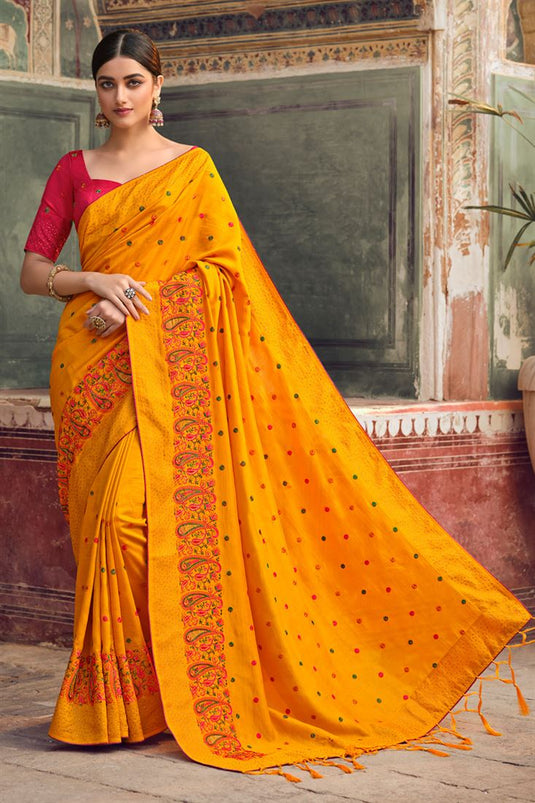 Yellow Color Coveted Art Silk Saree With Embroidered Work