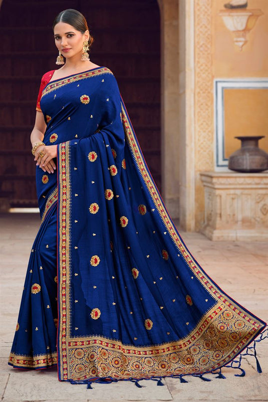 Blue Color Riveting Art Silk Saree With Embroidered Work