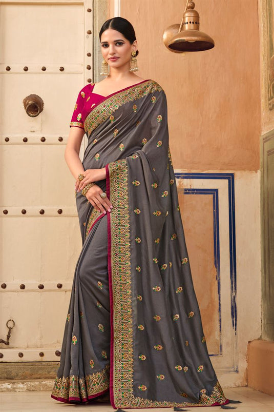 Embroidered Work On Grey Color Princely Art Silk Saree