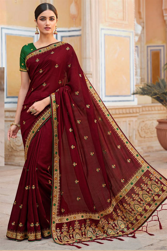 Brown Color Patterned Art Silk Saree With Embroidered Work