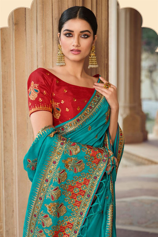 Cyan Color Engaging Art Silk Saree With Embroidered Work