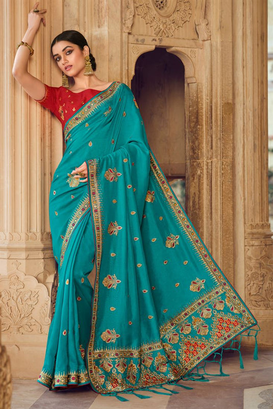 Cyan Color Engaging Art Silk Saree With Embroidered Work