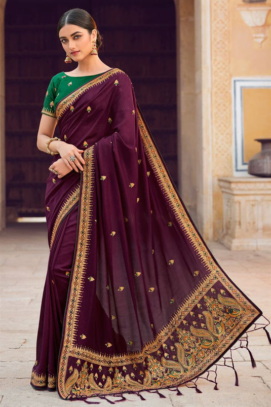Excellent Purple Color Art Silk Saree With Embroidered Work