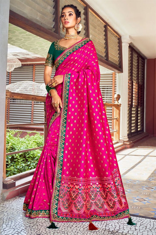 Festival Wear Weaving Work Rani Color Trendy Saree In Art Silk Fabric