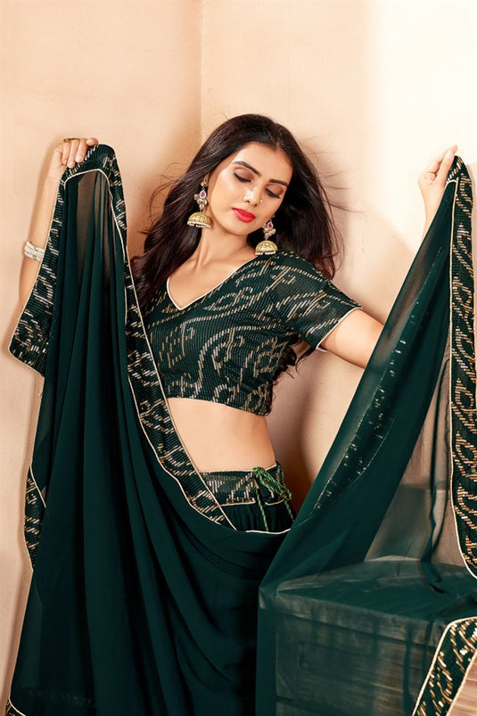 Sequins Work On Dark Green Designer Lehenga Choli In Georgette Fabric With Beautiful Blouse