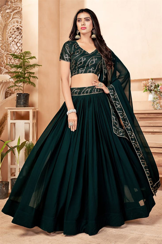 Sequins Work On Dark Green Designer Lehenga Choli In Georgette Fabric With Beautiful Blouse