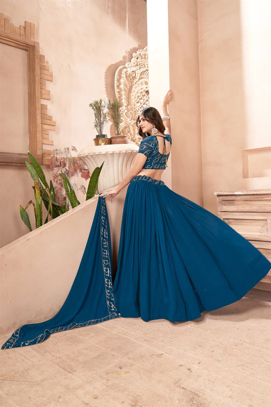 Blue Georgette Reception Wear 3 Piece Lehenga With Sequins Work And Embellished Blouse