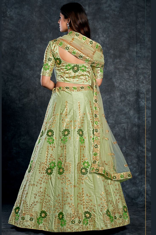 Sea Green Color Silk Fabric Sangeet Wear Appealing Lehenga