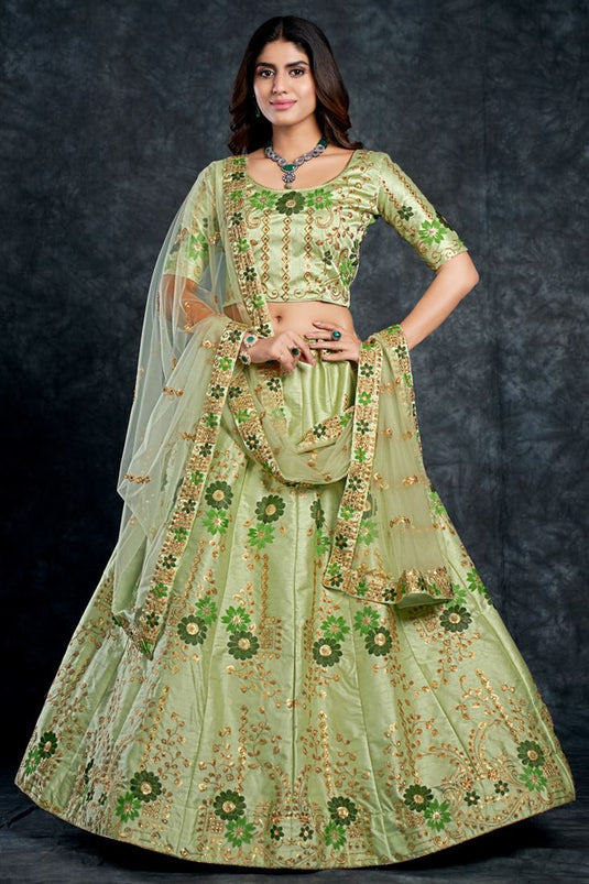 Sea Green Color Silk Fabric Sangeet Wear Appealing Lehenga