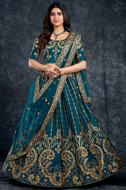 Silk Fabric Sangeet Wear Wonderful Lehenga In Teal Color