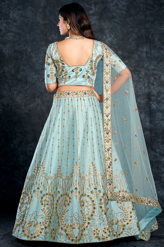 Silk Fabric Light Cyan Color Sangeet Wear Fantastic Lehenga