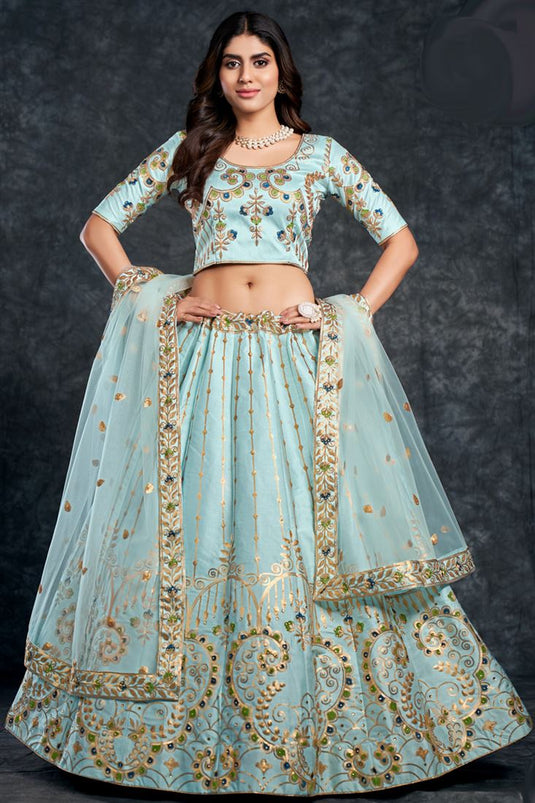 Silk Fabric Light Cyan Color Sangeet Wear Fantastic Lehenga