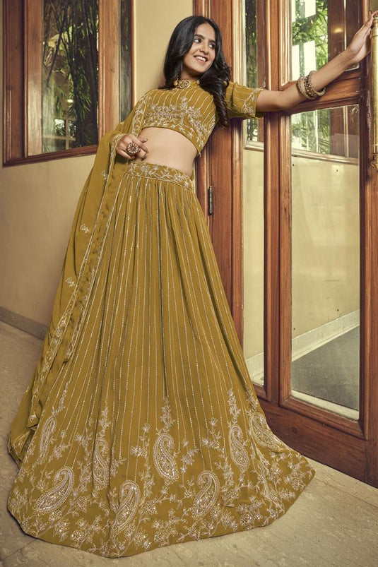 Georgette Fabric Mustard Color Embroidered Work Delicate Lehenga