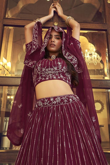 Wine Color Georgette Fabric Embroidered Work Winsome Lehenga