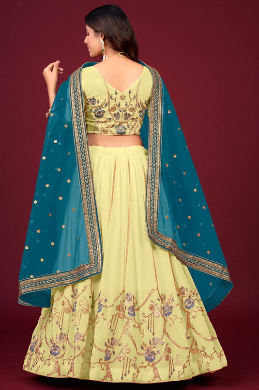 Faux Georgette Zari Embroidered Lehenga Choli In Yellow