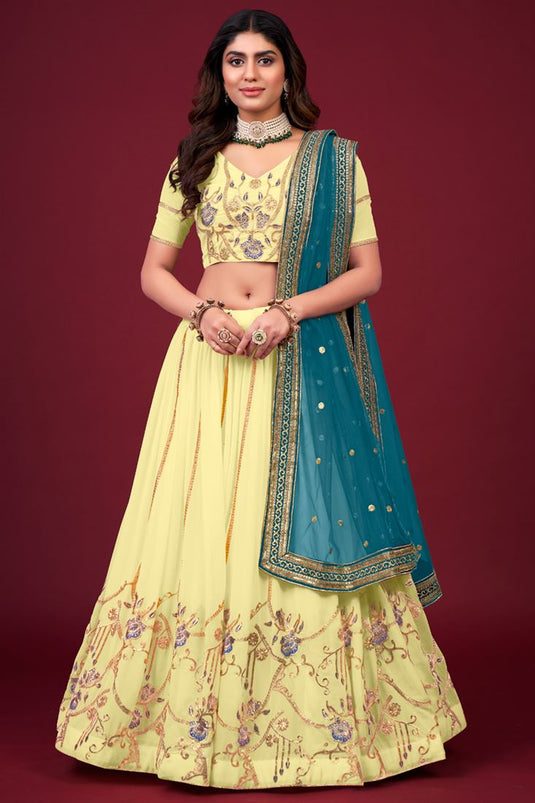 Faux Georgette Zari Embroidered Lehenga Choli In Yellow