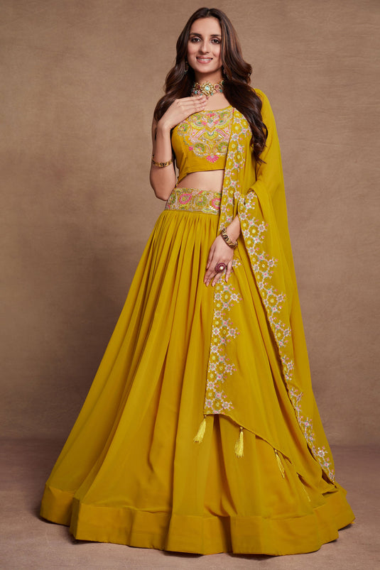 Yellow Color Georgette Fabric Sangeet Wear Embroidered Lehenga Choli