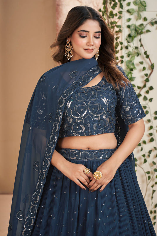 Georgette Fabric Function Wear Luxurious Lehenga In Blue Color