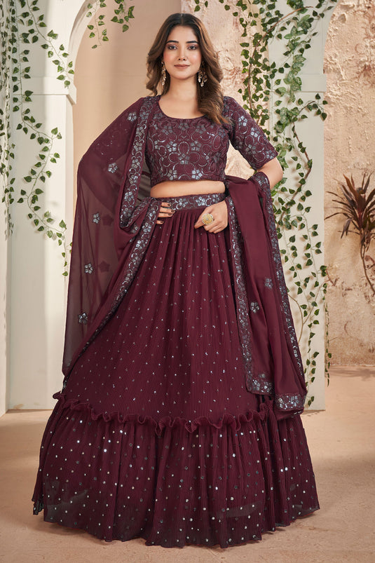 Function Wear Georgette Fabric Maroon Color Magnificent Lehenga