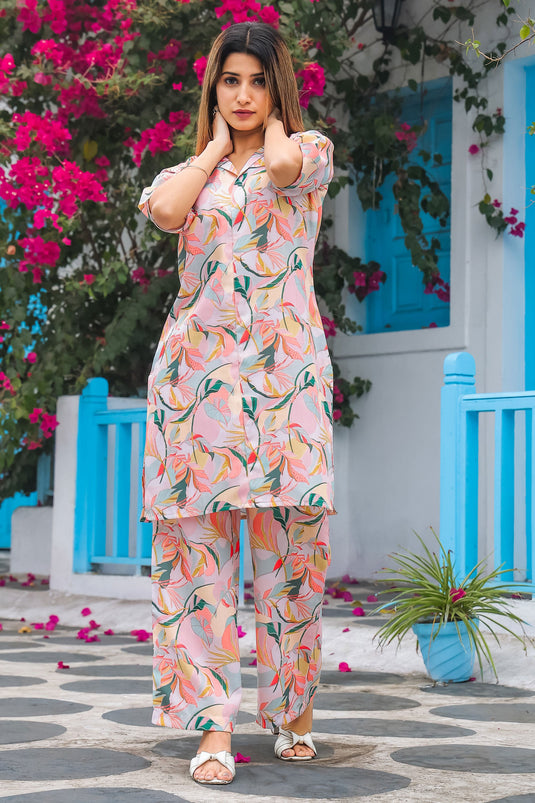 Cotton Fabric Casual Style Wondrous Readymade Co-Ord Set In Peach Color