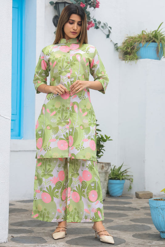 Casual Style Cotton Fabric Green Color Supreme Readymade Co-Ord Set