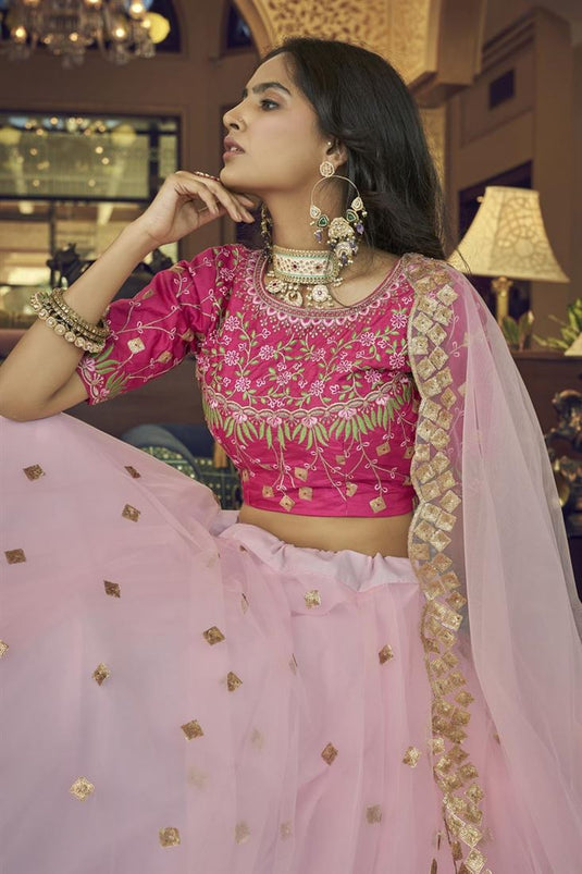 Net Fabric Pink Color Lehenga With Winsome Embroidered Work