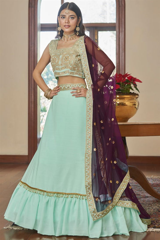 Riveting Embroidered Art Silk Fabric Lehenga In Light Cyan Color