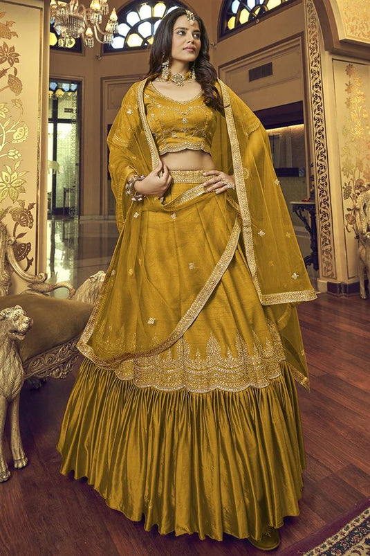 Satin Fabric Mustard Color Elegant Embroidered Work Lehenga