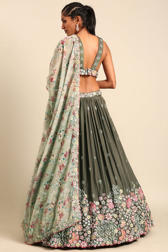 Georgette Fabric Olive Occasion Wear Lehenga Choli With Sequins Work