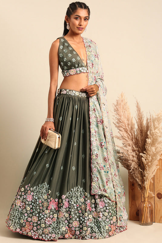 Georgette Fabric Olive Occasion Wear Lehenga Choli With Sequins Work
