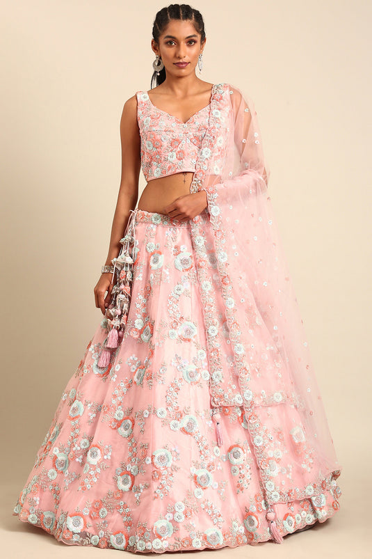 Sequins Work Designs Net Fabric Pink Lehenga Choli
