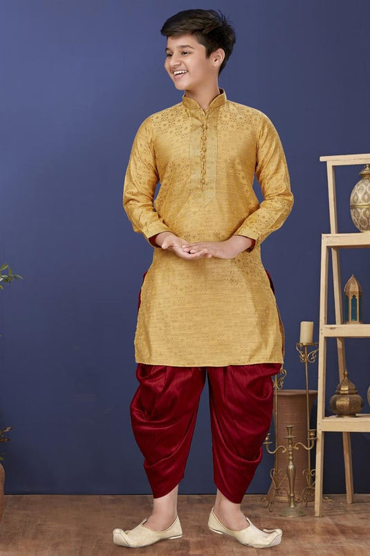 Golden Color Jacquard Silk Fabric Sangeet Wear Trendy Kids Wear Dhoti Style Kurta Pyjama