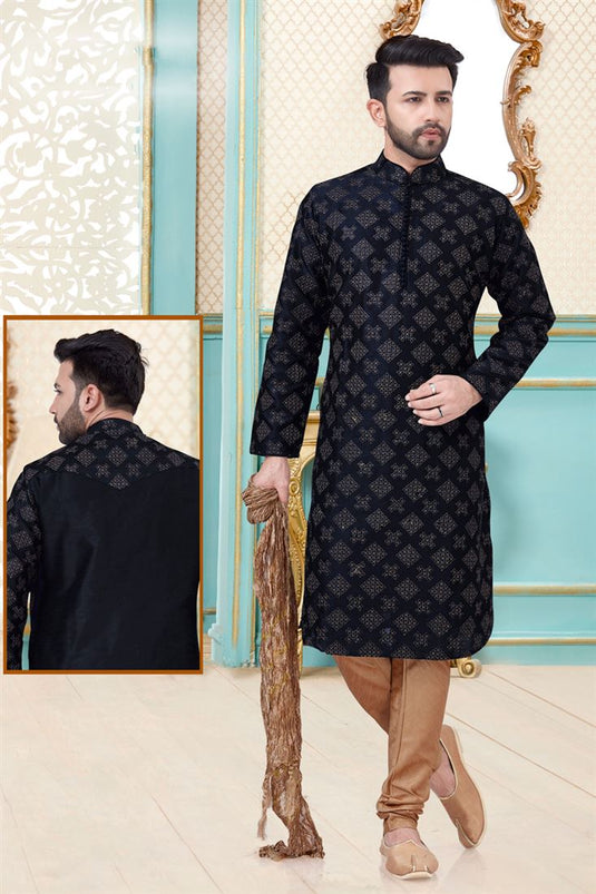 Black Color Art Silk Fabric Embroidered Sangeet Wear Men Kurta Pyjama