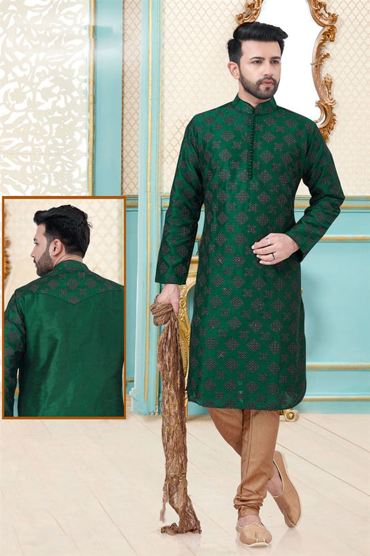 Dark Green Color Art Silk Fabric Embroidered Wedding Wear Men Kurta Pyjama
