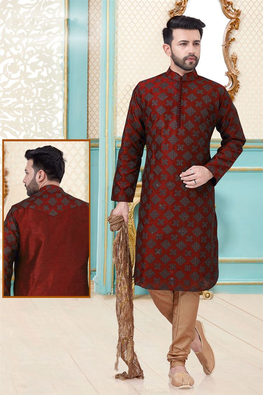 Maroon Color Art Silk Fabric Embroidered Reception Wear Men Kurta Pyjama