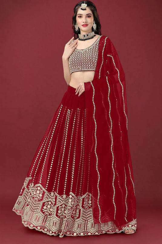 Trendy Georgette Fabric Lehenga With Sequins Work In Red Color