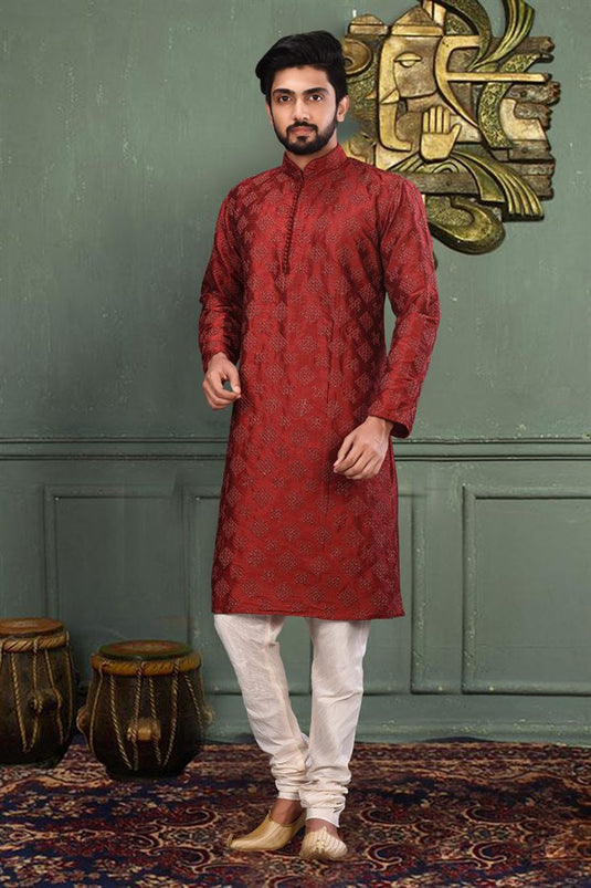 Red Color Silk Fabric Reception Wear Readymade Men Kurta Pyjama