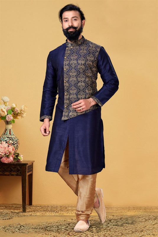 Art Silk Fabric Navy Blue Color Sangeet Wear Embroidered Readymade Men Kurta Pyjama