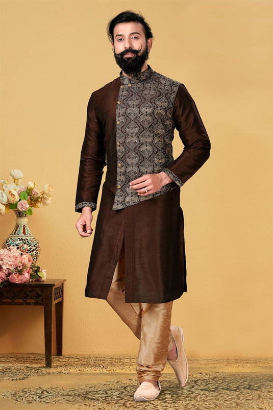 Art Silk Fabric Brown Color Wedding Wear Embroidered Readymade Men Kurta Pyjama