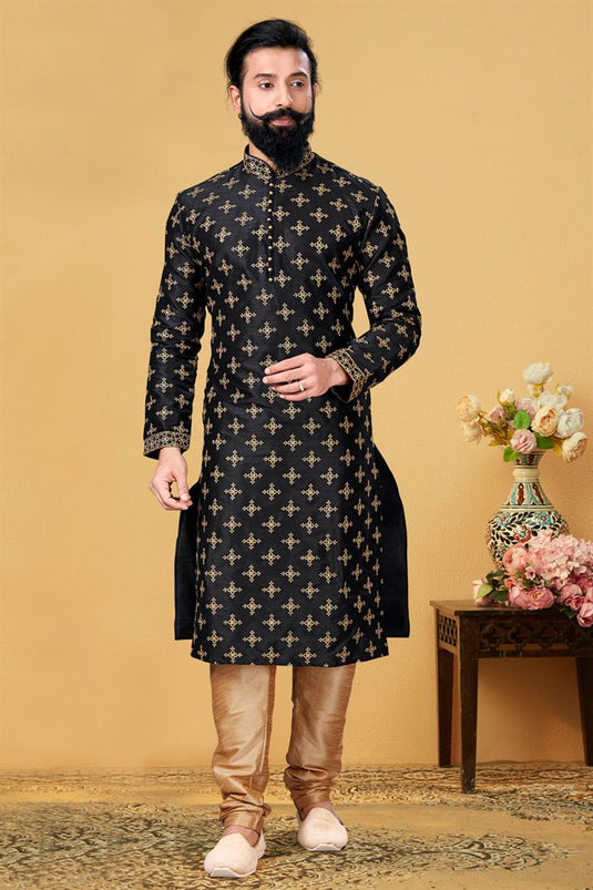 Black Color Art Silk Fabric Wedding Wear Embroidered Readymade Kurta Pyjama For Men