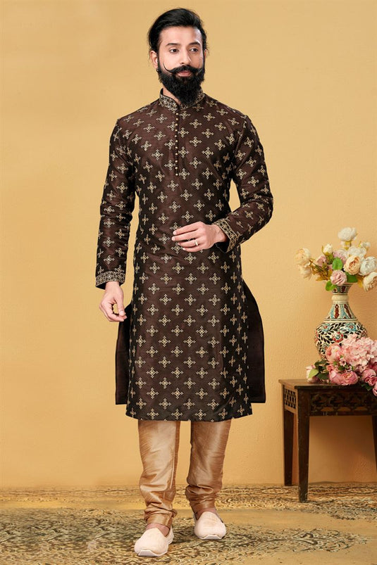 Brown Color Art Silk Fabric Reception Wear Embroidered Readymade Men Kurta Pyjama