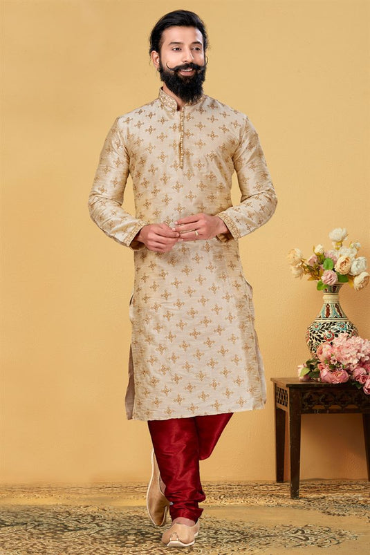 Beige Color Art Silk Fabric Reception Wear Embroidered Readymade Kurta Pyjama For Men