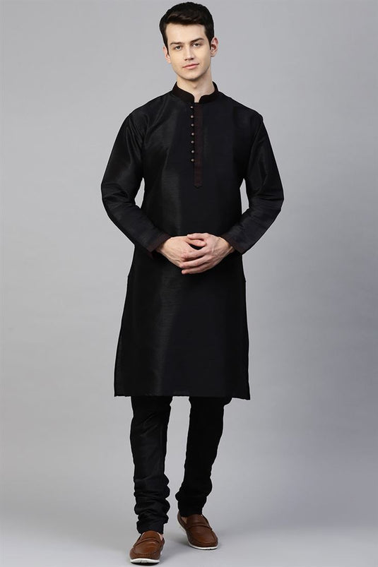 Black Color Art Silk Fabric Reception Wear Fancy Kurta Pyjama For Men