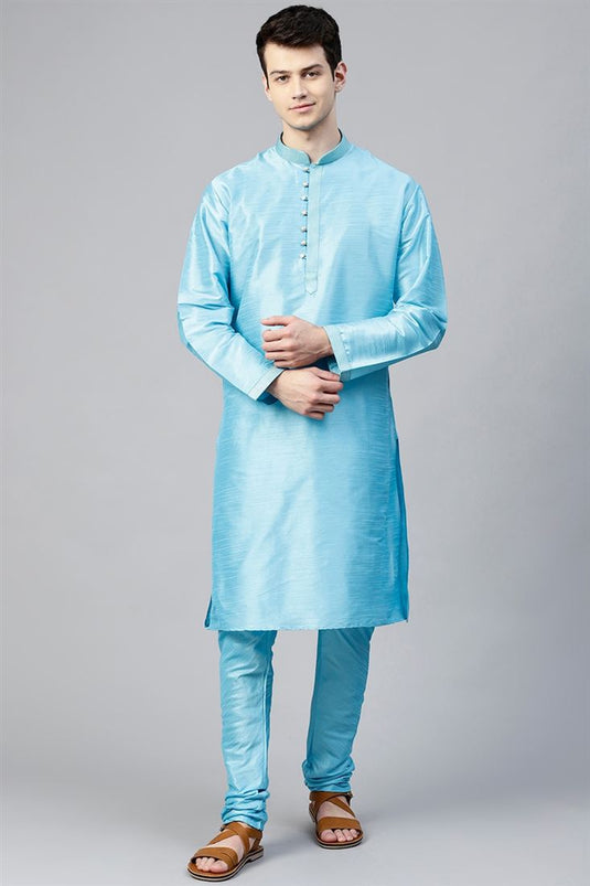 Sky Blue Color Art Silk Fabric Sangeet Wear Designer Kurta Pyjama For Men