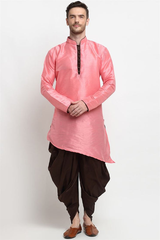 Pink Color Art Silk Fabric Wedding Wear Designer Readymade Dhoti Style Kurta Pyjama For Men